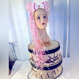 GLITZY Mini Mouse Ears Headband Velvet, Pink Sequins, Gems, Ribbons! CLEAN! EXC!